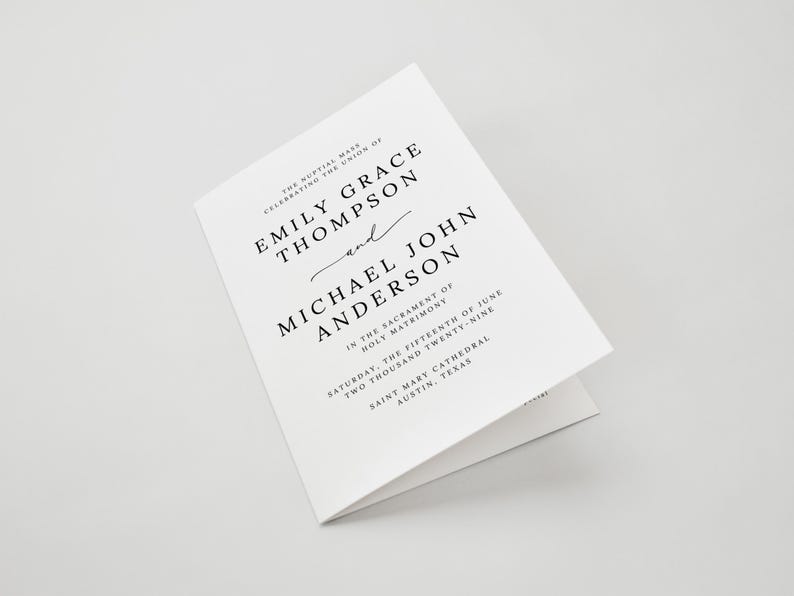Catholic Wedding Program Template – A beautifully designed folded program for your Catholic Mass ceremony. Includes sections for the Order of the Mass, readings, bridal party, and thank you message. Fully editable in Canva. Sizes included: US Letter (11x8.5”), A4 (11.69x8.26”), and 5x7”. Instant download, easy to customize and print. Perfect for traditional or modern Catholic weddings.