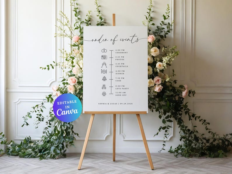 wedding order of events sign
modern wedding day timeline
minimalist wedding timeline
wedding itinerary sign
order of the day sign
wedding reception timeline
editable wedding timeline	
custom wedding timeline sign	
printable wedding sign
wedding day schedule
modern wedding sign	
large wedding sign
bohemian wedding timeline
wedding program sign
ceremony timeline poster
wedding timeline sign
wedding reception