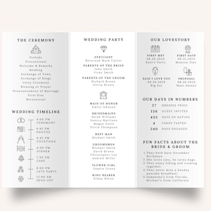 Minimalist Trifold Wedding Program – Elegant & Modern Design

A beautifully designed trifold wedding program featuring a clean, minimalist layout with elegant script and serif fonts. Includes ceremony details, wedding party, timeline, love story, special thanks, honeymoon info, guest travel map, and fun facts. Features icons, a QR code for sharing photos, and a stylish black-and-white theme. Perfect for couples seeking a sophisticated and organized wedding program.