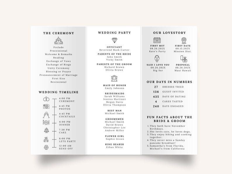 Minimalist Trifold Wedding Program – Elegant & Modern Design

A beautifully designed trifold wedding program featuring a clean, minimalist layout with elegant script and serif fonts. Includes ceremony details, wedding party, timeline, love story, special thanks, honeymoon info, guest travel map, and fun facts. Features icons, a QR code for sharing photos, and a stylish black-and-white theme. Perfect for couples seeking a sophisticated and organized wedding program.