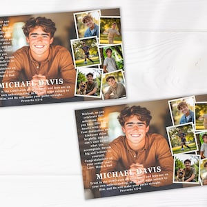 May include: Two graduation announcement cards featuring a smiling young man in a brown shirt. The cards include a collage of photos and text that reads "Michael Davis" and a Bible verse. The background is a light wood grain.