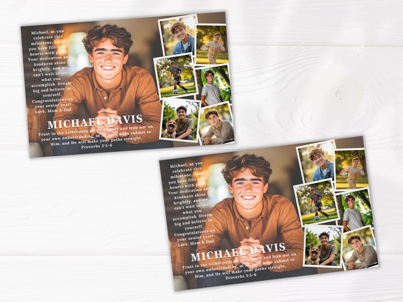 May include: Two graduation announcement cards featuring a smiling young man in a brown shirt. The cards include a collage of photos and text that reads "Michael Davis" and a Bible verse. The background is a light wood grain.