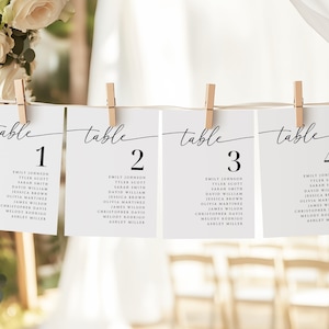 May include: Four white cards with black text are clipped to a string. Each card reads "table" in cursive, followed by a number 1-4. Below the number are names. The cards are part of a wedding or event table setting.