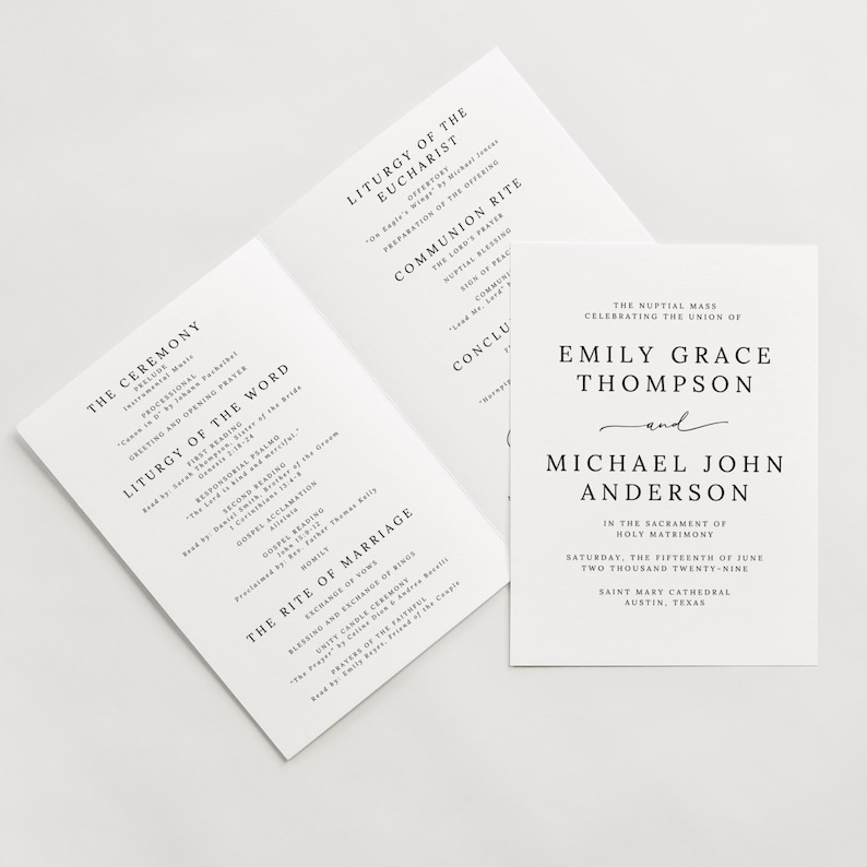 Catholic Wedding Program Template – A beautifully designed folded program for your Catholic Mass ceremony. Includes sections for the Order of the Mass, readings, bridal party, and thank you message. Fully editable in Canva. Sizes included: US Letter (11x8.5”), A4 (11.69x8.26”), and 5x7”. Instant download, easy to customize and print. Perfect for traditional or modern Catholic weddings.