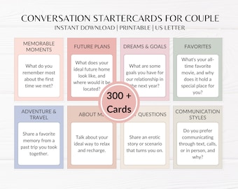 May include: Conversation starter cards for couples with pink, blue, and green backgrounds. The cards feature prompts for memorable moments, future plans, dreams and goals, favorites, adventure and travel, about me, questions, and communication styles. There are over 300 cards in this set.