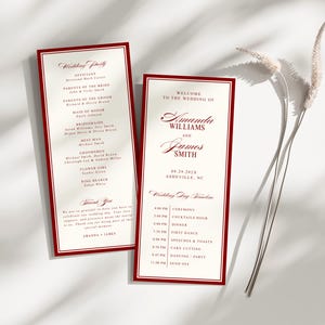 May include: Two wedding programs with burgundy borders and text. One lists the wedding party, the other welcomes guests to Amanda and James Smith's wedding in Asheville, NC, with the date and a timeline.
