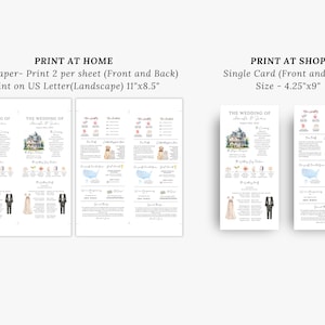 Pu&ograve; includere: Modello di invito di nozze stampabile con un'illustrazione ad acquerello di una casa, una coppia in abiti formali e un cane. Il testo "The Wedding of" &egrave; in cima alla carta. Il testo "Print at Home" e "Print at Shop" sono in cima all'immagine. Il testo "Save Paper - Print 2 per sheet (Front and Back)" &egrave; sotto "Print at Home". Il testo "Print on US Letter (Landscape) 11"x8.5" &egrave; sotto "Save Paper - Print 2 per sheet (Front and Back)". Il testo "Single Card (Front and Back)" &egrave; sotto "Print at Shop". Il testo "Size - 4.25"x9" &egrave; sotto "Single Card (Front and Back)".