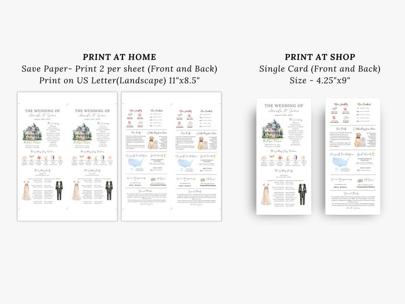 Pu&ograve; includere: Modello di invito di nozze stampabile con un'illustrazione ad acquerello di una casa, una coppia in abiti formali e un cane. Il testo "The Wedding of" &egrave; in cima alla carta. Il testo "Print at Home" e "Print at Shop" sono in cima all'immagine. Il testo "Save Paper - Print 2 per sheet (Front and Back)" &egrave; sotto "Print at Home". Il testo "Print on US Letter (Landscape) 11"x8.5" &egrave; sotto "Save Paper - Print 2 per sheet (Front and Back)". Il testo "Single Card (Front and Back)" &egrave; sotto "Print at Shop". Il testo "Size - 4.25"x9" &egrave; sotto "Single Card (Front and Back)".
