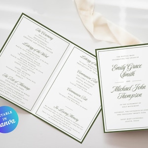Puede incluir: Un programa e invitación de boda con borde y texto verdes. El programa está abierto, mostrando los detalles de la ceremonia. La tarjeta de invitación presenta los nombres "Emily Grace Smith" y "Michael John Thompson". Las palabras "Editable in Canva" están en un círculo.