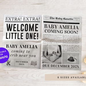 Large Pregnancy Reveal Newspaper Template, Newspaper New Baby Announcement, Newspaper Baby Shower, Baby On the Way Pregnancy Reveal, Canva