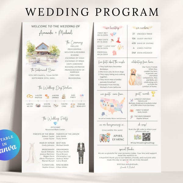 Infographic Wedding Program Template, Wedding Program, Church Wedding Ceremony Program, Modern Infographic Program, Wedding Day Timeline