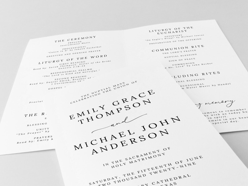 Catholic Wedding Program Template – A beautifully designed folded program for your Catholic Mass ceremony. Includes sections for the Order of the Mass, readings, bridal party, and thank you message. Fully editable in Canva. Sizes included: US Letter (11x8.5”), A4 (11.69x8.26”), and 5x7”. Instant download, easy to customize and print. Perfect for traditional or modern Catholic weddings.