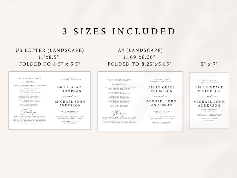 Catholic Wedding Program Template – A beautifully designed folded program for your Catholic Mass ceremony. Includes sections for the Order of the Mass, readings, bridal party, and thank you message. Fully editable in Canva. Sizes included: US Letter (11x8.5”), A4 (11.69x8.26”), and 5x7”. Instant download, easy to customize and print. Perfect for traditional or modern Catholic weddings.
