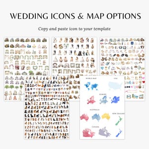 Może przedstawiać: Obraz z ikonami ślubnymi i opcjami map. Widoczny jest tekst "WEDDING ICONS & MAP OPTIONS" oraz "Copy and paste icon to your template". Widoczne są r&oacute;żne ilustracje element&oacute;w ślubnych, par i map świata.
