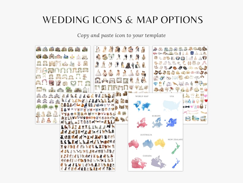 Może przedstawiać: Obraz z ikonami ślubnymi i opcjami map. Widoczny jest tekst "WEDDING ICONS & MAP OPTIONS" oraz "Copy and paste icon to your template". Widoczne są r&oacute;żne ilustracje element&oacute;w ślubnych, par i map świata.