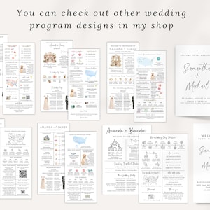 Pu&ograve; includere: Una collezione di progetti di programmi di matrimonio con diversi stili e layout. I programmi includono dettagli come la data del matrimonio, la location della cerimonia e i nomi dei membri della festa di matrimonio. I design sono in stile minimalista con testo e illustrazioni in bianco e nero.