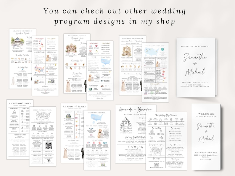 Pu&ograve; includere: Una collezione di progetti di programmi di matrimonio con diversi stili e layout. I programmi includono dettagli come la data del matrimonio, la location della cerimonia e i nomi dei membri della festa di matrimonio. I design sono in stile minimalista con testo e illustrazioni in bianco e nero.