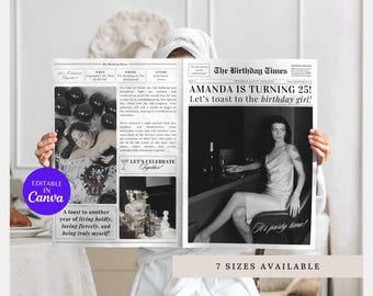 Geburtstag Zeitung Vorlage, große Geburtstag Zeitung Canva Vorlage, anpassbare Zeitung Requisite für Geburtstag Fotoshooting, Zeitungsdruck