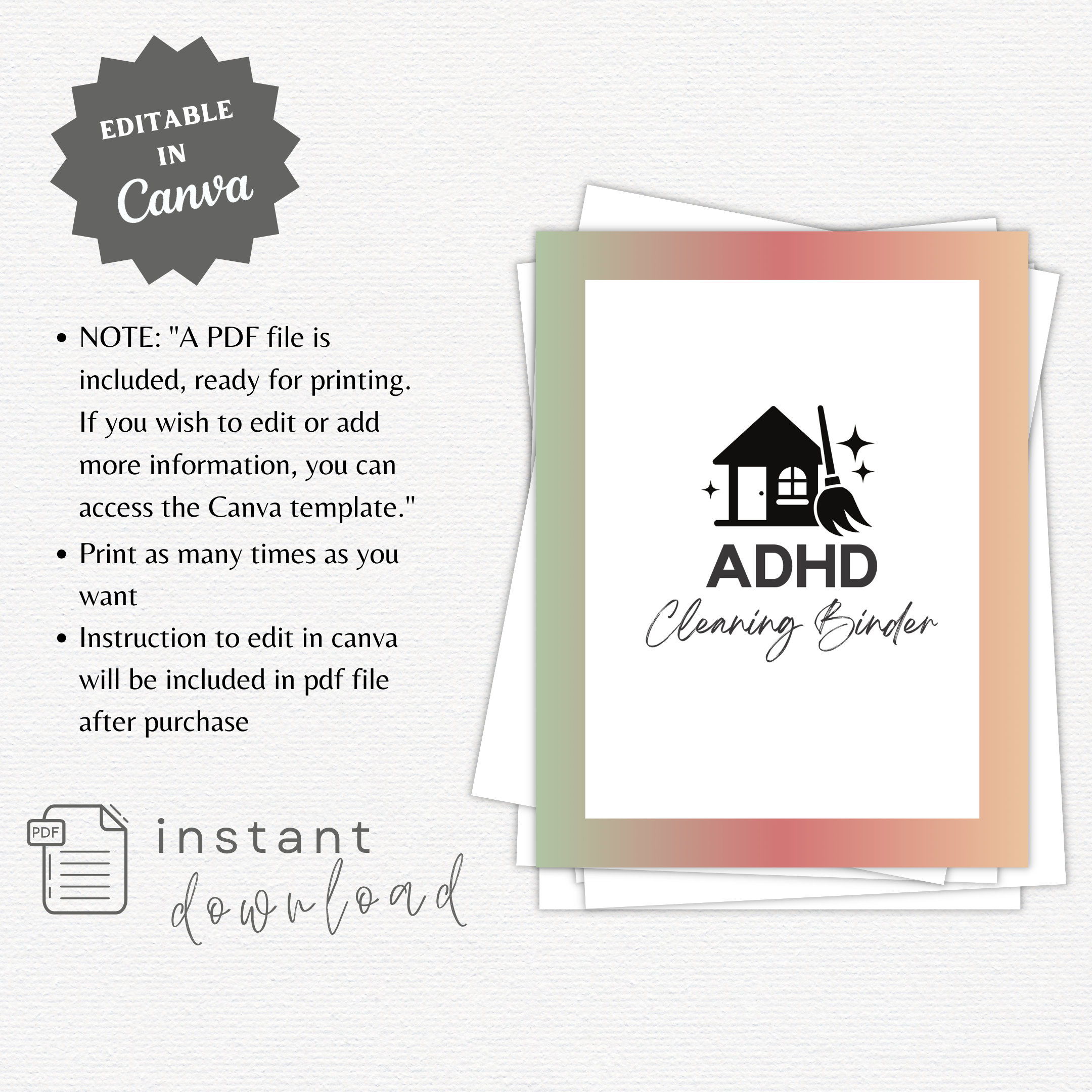 Editable ADHD Cleaning Checklist Bundle Printable ADHD Cleaning Planner ...