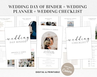 May include: A digital printable wedding day of binder, planner, and checklist. The pages are white with black text and include sections for seating chart, the groom timeline, wedding look, wedding party timeline, ceremony entrance, wedding day binder, wedding planner, and wedding checklist. The text "Editable in Canva" is in a brown box.
