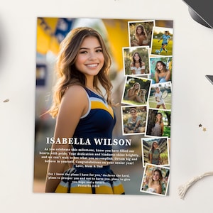 K&ouml;nnte beinhalten: Eine Graduation-Ank&uuml;ndigung mit einer Collage von Fotos einer jungen Frau in verschiedenen Umgebungen. Die Ank&uuml;ndigung enth&auml;lt den Text "Isabella Wilson" und eine Botschaft der Gl&uuml;ckw&uuml;nsche und Ermutigung.