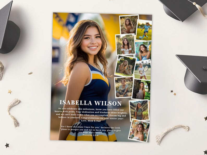K&ouml;nnte beinhalten: Eine Graduation-Ank&uuml;ndigung mit einer Collage von Fotos einer jungen Frau in verschiedenen Umgebungen. Die Ank&uuml;ndigung enth&auml;lt den Text "Isabella Wilson" und eine Botschaft der Gl&uuml;ckw&uuml;nsche und Ermutigung.