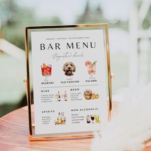 Hochzeit Bar Menü Zeichen, Signature Drink Schild Vorlage, Signature Drink Bar Menü Vorlage, Modernes Hochzeit Haustier Hund Signature Drink His Hers