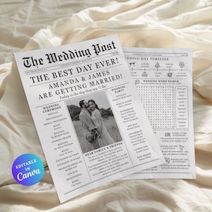 Puede incluir: Un anuncio de boda en blanco y negro estilo periódico para Amanda y James. El anuncio incluye una foto de la pareja, una línea de tiempo de la ceremonia de boda y un crucigrama de palabras de boda. El texto dice "The Best Day Ever! Amanda & James Are Getting Married!"
