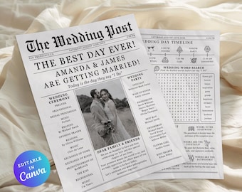 Zeitung Hochzeitsprogramm Vorlage, bearbeitbares Hochzeitszeitungsprogramm, Hochzeit Infografik Programm, doppelseitiges Hochzeitszeitungsprogramm