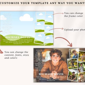 May include: A customizable graduation template with a light blue and green background. The template includes photo frames, text, and the name "MICHAEL DAVIS". The text includes the phrase "Trust in the Lord". Arrows indicate customization options.