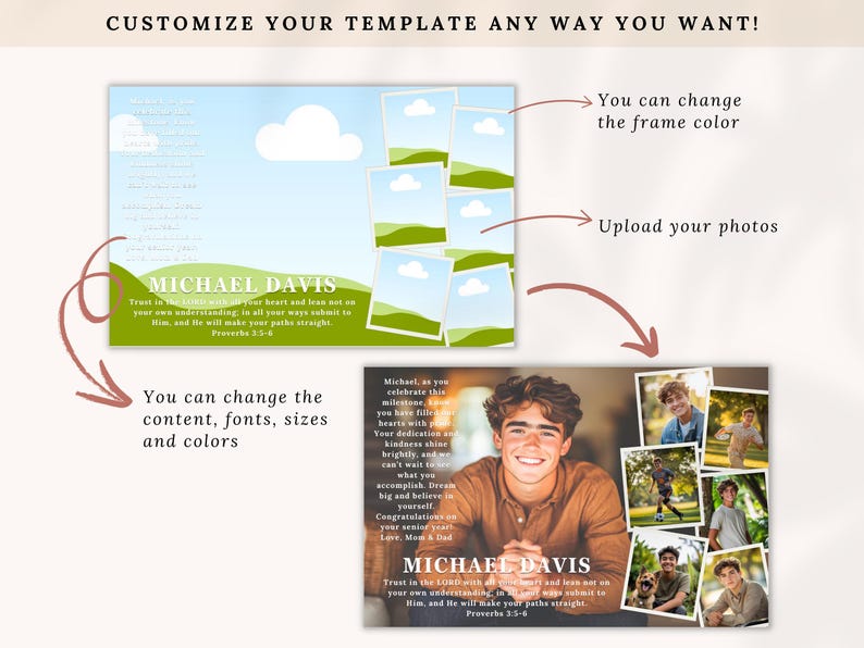 May include: A customizable graduation template with a light blue and green background. The template includes photo frames, text, and the name "MICHAEL DAVIS". The text includes the phrase "Trust in the Lord". Arrows indicate customization options.