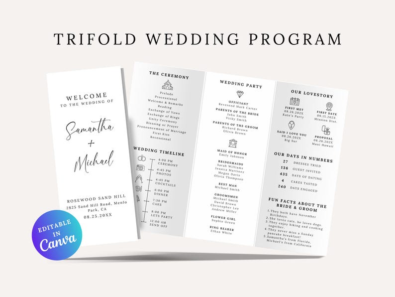 Minimalist Trifold Wedding Program – Elegant & Modern Design

A beautifully designed trifold wedding program featuring a clean, minimalist layout with elegant script and serif fonts. Includes ceremony details, wedding party, timeline, love story, special thanks, honeymoon info, guest travel map, and fun facts. Features icons, a QR code for sharing photos, and a stylish black-and-white theme. Perfect for couples seeking a sophisticated and organized wedding program.
