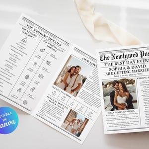 Pode incluir: Um convite de casamento em estilo jornal com o título "The Newlywed Post". O convite inclui detalhes do casamento, uma linha do tempo, fotos e o texto "Sophia & David are getting married!". O design é em preto e branco.