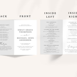 Catholic Wedding Program Template – A beautifully designed folded program for your Catholic Mass ceremony. Includes sections for the Order of the Mass, readings, bridal party, and thank you message. Fully editable in Canva. Sizes included: US Letter (11x8.5”), A4 (11.69x8.26”), and 5x7”. Instant download, easy to customize and print. Perfect for traditional or modern Catholic weddings.
