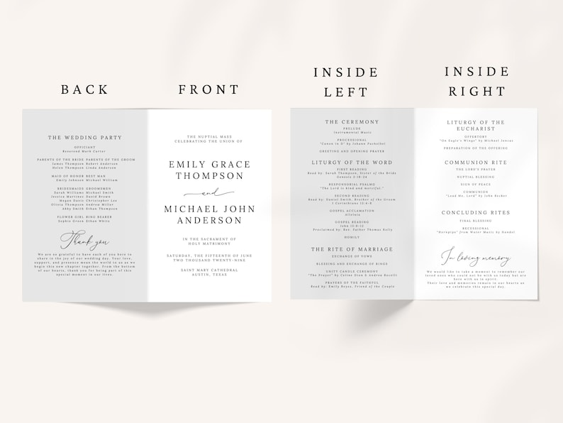 Catholic Wedding Program Template – A beautifully designed folded program for your Catholic Mass ceremony. Includes sections for the Order of the Mass, readings, bridal party, and thank you message. Fully editable in Canva. Sizes included: US Letter (11x8.5”), A4 (11.69x8.26”), and 5x7”. Instant download, easy to customize and print. Perfect for traditional or modern Catholic weddings.