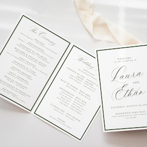 May include: Wedding stationery set featuring a program and a welcome card. The program lists the ceremony details with elegant script. The welcome card displays "Laura and Ethan" with the wedding date and location in a simple, modern design.