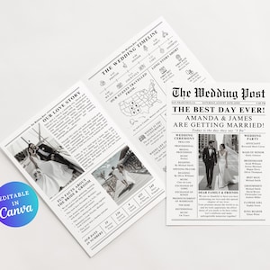 May include: Black and white wedding announcement in the style of a newspaper. The headline reads "The Wedding Post: The Best Day Ever! Amanda & James Are Getting Married!" The announcement includes details about the wedding ceremony and reception, including the officiant, bridal party, and wedding party.