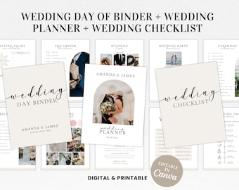 May include: A wedding day binder, planner, and checklist set with a white background and black text. The set includes a seating chart, groom timeline, wedding look book, wedding party timeline, ceremony entrance, and wedding day timeline. The text "wedding" is written in cursive on each page. The text "Amanda & James" is written on the planner page. The text "Editable in Canva" is written on the checklist page.