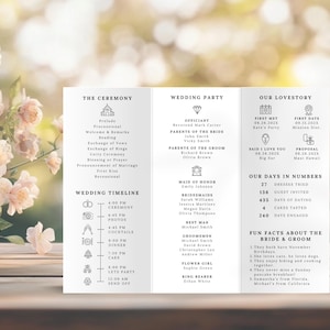 Minimalist Trifold Wedding Program – Elegant & Modern Design

A beautifully designed trifold wedding program featuring a clean, minimalist layout with elegant script and serif fonts. Includes ceremony details, wedding party, timeline, love story, special thanks, honeymoon info, guest travel map, and fun facts. Features icons, a QR code for sharing photos, and a stylish black-and-white theme. Perfect for couples seeking a sophisticated and organized wedding program.