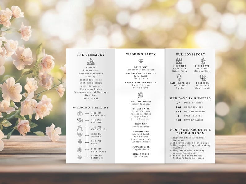 Minimalist Trifold Wedding Program – Elegant & Modern Design

A beautifully designed trifold wedding program featuring a clean, minimalist layout with elegant script and serif fonts. Includes ceremony details, wedding party, timeline, love story, special thanks, honeymoon info, guest travel map, and fun facts. Features icons, a QR code for sharing photos, and a stylish black-and-white theme. Perfect for couples seeking a sophisticated and organized wedding program.