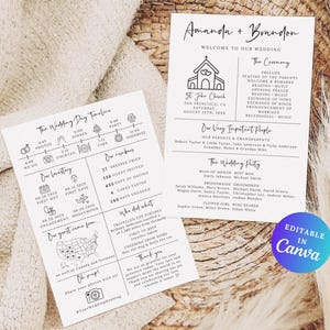 Peut inclure: Un programme de mariage avec un design noir et blanc. Le programme comprend un calendrier de la journée du mariage, une liste des personnes importantes et une carte indiquant d'où viennent les invités. Le programme comprend également le texte "Editable dans Canva".