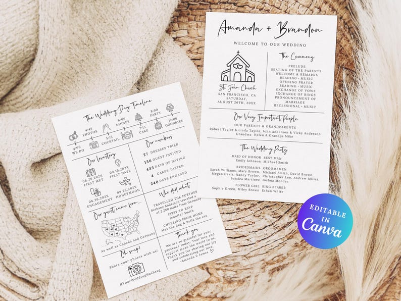 Puede incluir: Un programa de boda con un dise&ntilde;o en blanco y negro. El programa incluye una l&iacute;nea de tiempo del d&iacute;a de la boda, una lista de personas importantes y un mapa que muestra de d&oacute;nde provienen los invitados. El programa tambi&eacute;n incluye el texto "Editable en Canva".