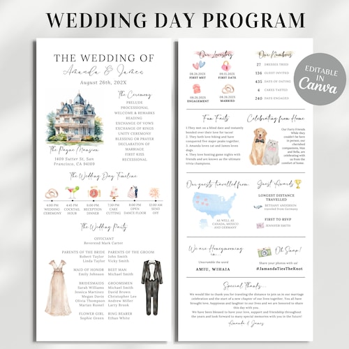 Infographic Wedding Program Template | Printable Wedding Day Program |  Church Wedding Ceremony Program |  Modern Infographic Program