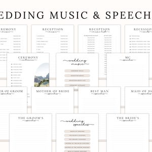A wedding day binder with a checklist of items to plan for a wedding. The checklist includes items such as wedding mood board, wedding weekend, events overview, who to call, vendor contact, accommodations, wedding party, task list, ceremony venue, reception venue, ceremony entrance, recessional, wedding music, order of speeches, emergency planner, social media planner, rehearsal menu, reception menu, and destination map. The binder also includes images of the wedding venue, the wedding couple.