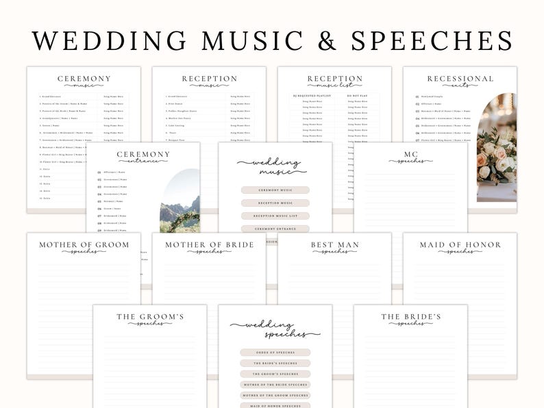 A wedding day binder with a checklist of items to plan for a wedding. The checklist includes items such as wedding mood board, wedding weekend, events overview, who to call, vendor contact, accommodations, wedding party, task list, ceremony venue, reception venue, ceremony entrance, recessional, wedding music, order of speeches, emergency planner, social media planner, rehearsal menu, reception menu, and destination map. The binder also includes images of the wedding venue, the wedding couple.