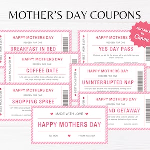 Sjabloon cadeaubon Moederdag | Afdrukbare Moederdagcadeaubonkaart | Couponboek voor moeder | Moederdagcoupon | Moederdagcadeau