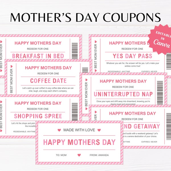 de coupon-cadeau pour la fête des mères | carte-cadeau imprimable pour la fête des mères | Carnet de coupons pour maman | Bon de réduction pour la fête des mères | Cadeau fête des mères