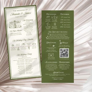 May include: A double-sided wedding program in green and white. The program details the wedding ceremony, timeline, and wedding party. It also includes a QR code for guests to share photos from the event.