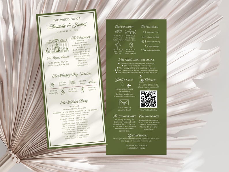 May include: A double-sided wedding program in green and white. The program details the wedding ceremony, timeline, and wedding party. It also includes a QR code for guests to share photos from the event.