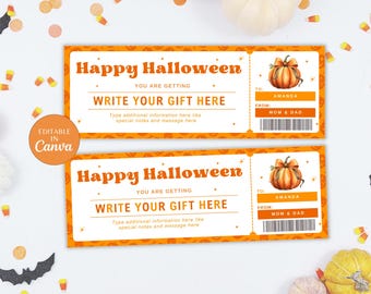 May include: Two orange Halloween gift vouchers with the text "Happy Halloween" and "Write Your Gift Here". Each voucher features a pumpkin illustration and is addressed to "Amanda" from "Mom & Dad".